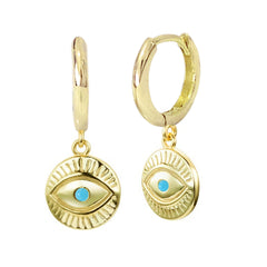 14K Gold Turquoise Evil Eye Dangle Huggie Hoop Charm Earrings ~ All Hoop Sizes