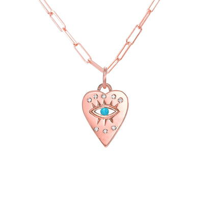 14K Gold 8 Diamond Detail Evil Eye Heart Medallion Necklace, Available with Turquoise, Ruby or Sapphire Centerstone