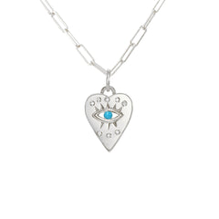 14K Gold 8 Diamond Detail Evil Eye Heart Medallion Necklace, with Turquoise Center-Stone ~ In Stock!