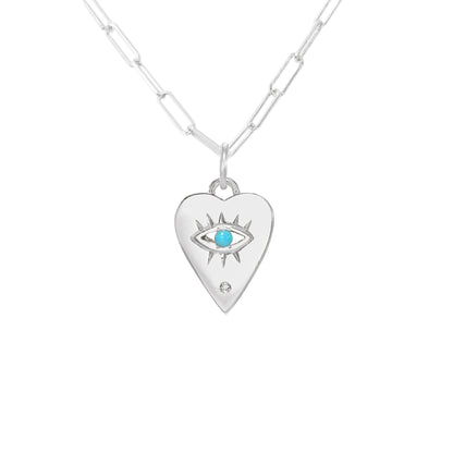 14K Gold Single Diamond Detail Evil Eye Heart Medallion Necklace, Available with Turquoise, Ruby or Sapphire Centerstone