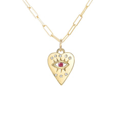 14K Gold 8 Diamond Detail Evil Eye Heart Medallion Necklace, with Turquoise Center-Stone ~ In Stock!