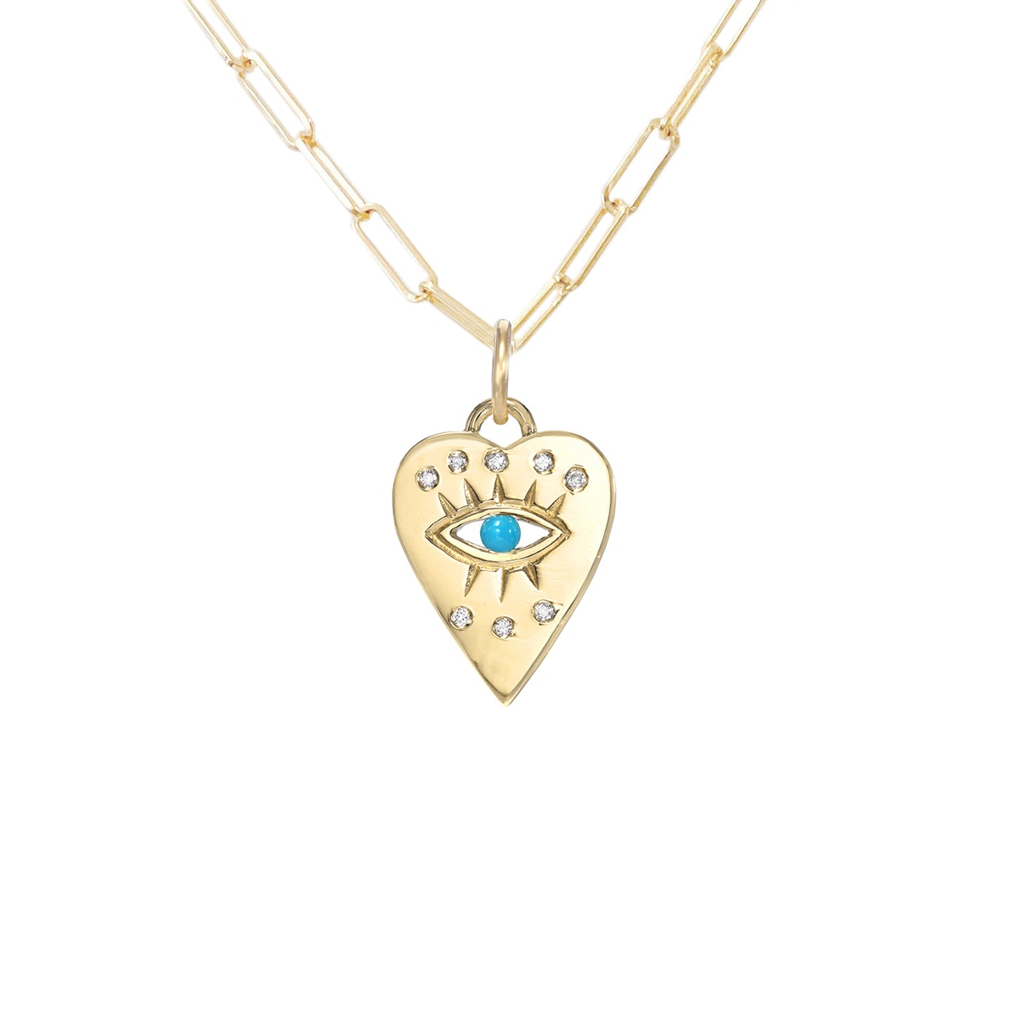 14K Gold 8 Diamond Detail Evil Eye Heart Medallion Necklace, Available with Turquoise, Ruby or Sapphire Centerstone