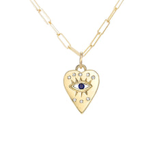 14K Gold 8 Diamond Detail Evil Eye Heart Medallion Necklace, Available with Turquoise, Ruby or Sapphire Centerstone