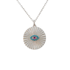 14K Gold Turquoise & Hot Pink Sapphire Fluted Evil Eye Medallion Necklace