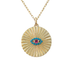 14K Gold Turquoise & Hot Pink Sapphire Fluted Evil Eye Medallion Necklace ~ In Stock!