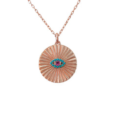 14K Gold Turquoise & Hot Pink Sapphire Fluted Evil Eye Medallion Necklace