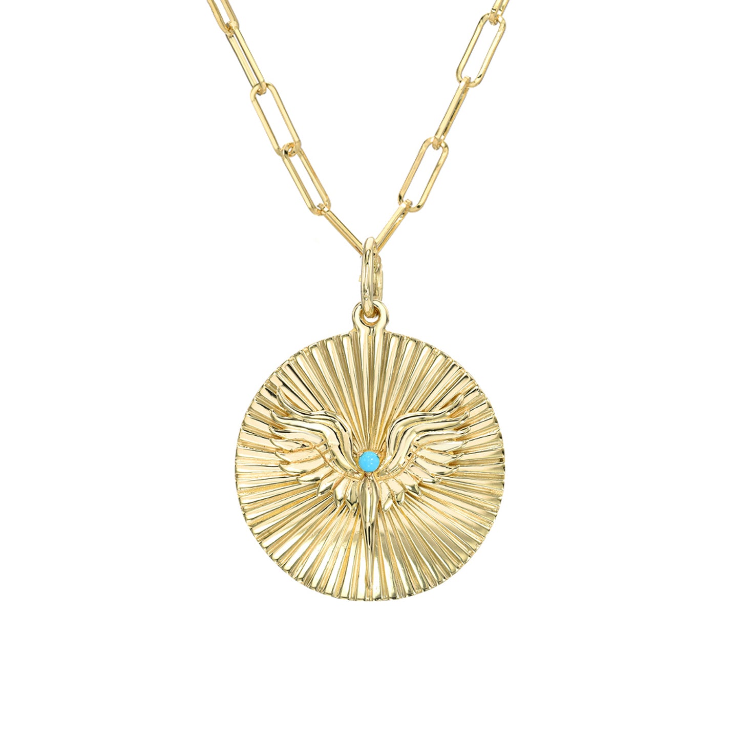 14K Gold Turquoise Fluted Phoenix Medallion Necklace