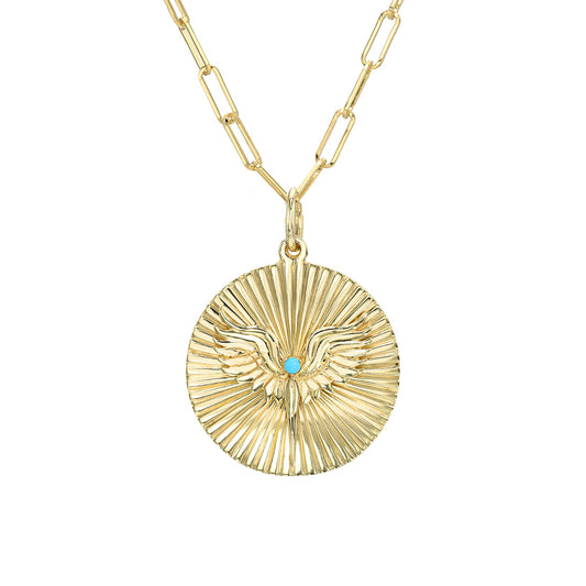 14K Gold Turquoise Fluted Phoenix Medallion Necklace