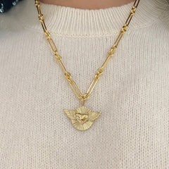 14K Gold Flying Heart Fluted Medallion Necklace