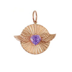 14K Gold Flying Colored Sapphire Heart Fluted Medallion Necklace