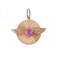 14K Gold Flying Colored Sapphire Heart Fluted Medallion Necklace