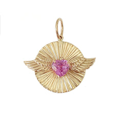 14K Gold Flying Colored Sapphire Heart Fluted Medallion Necklace