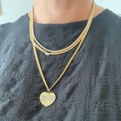 14K Gold Pavé Diamond Double Initial Fluted Heart Medallion Pendant, Large Size