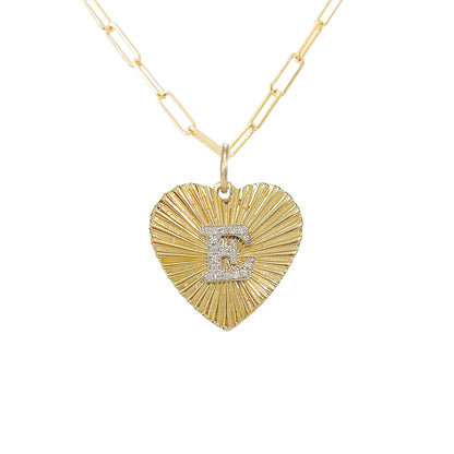 14K Gold Pavé Diamond Initial Fluted Heart Medallion Necklace, Medium Size