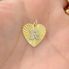 14K Gold Pavé Diamond Initial Fluted Heart Medallion Necklace, Medium Size