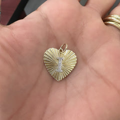 14K Gold Pavé Diamond Initial Fluted Heart Medallion Necklace, Medium Size