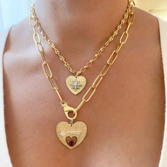 14K Gold Pavé Diamond Shooting Star Fluted Heart Medallion Necklace With Solitaire Tourmaline