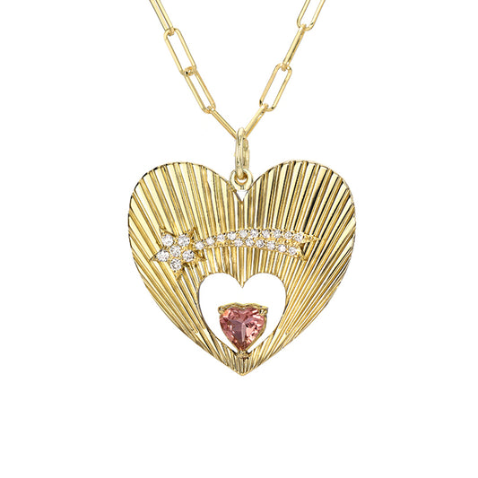 14K Gold Pavé Diamond Shooting Star Fluted Heart Medallion Necklace With Solitaire Tourmaline