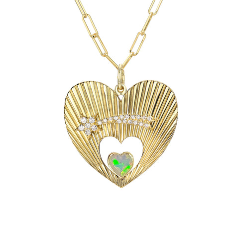 14K Gold Pavé Diamond Shooting Star Fluted Heart Medallion Necklace With Solitaire Opal