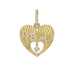 14K Gold Pavé Diamond Crowned Double Initial Fluted Heart Medallion Necklace