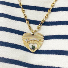 14K Gold Pavé Diamond Shooting Star Fluted Heart Medallion Necklace With Solitaire Tourmaline