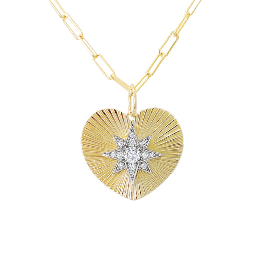 14K Gold Pavé Diamond Starburst Fluted Heart Medallion Necklace, Large Size