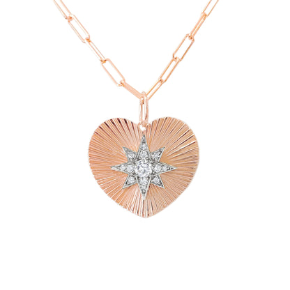 14K Gold Pavé Diamond Starburst Fluted Heart Medallion Necklace, Large Size