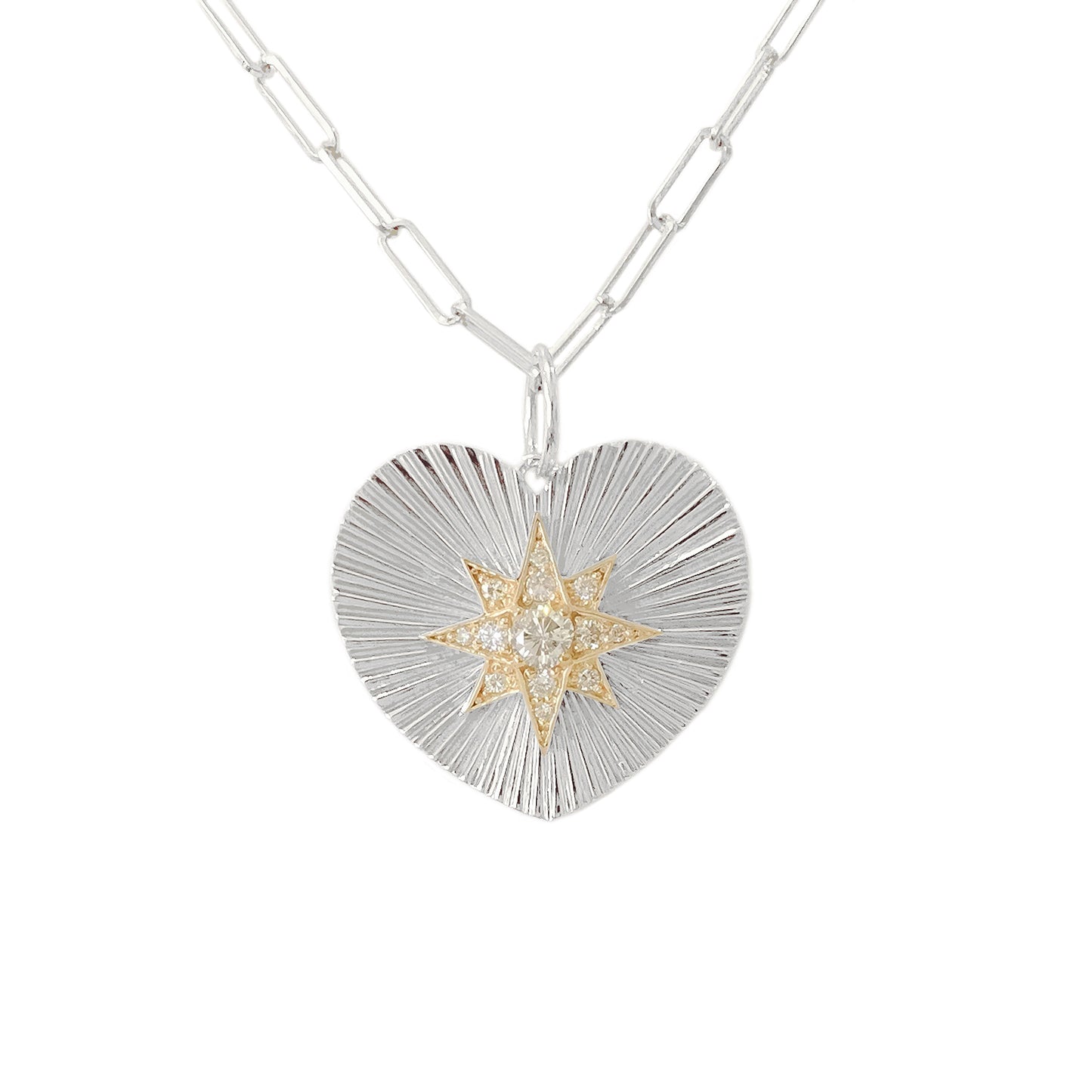 14K Gold Pavé Diamond Starburst Fluted Heart Medallion Necklace, Large Size