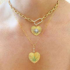 14K Gold Pavé Diamond Starburst Fluted Heart Medallion Necklace, Large Size ~ In Stock!