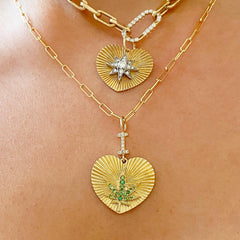 14K Gold Pavé Diamond Starburst Fluted Heart Medallion Necklace, Large Size