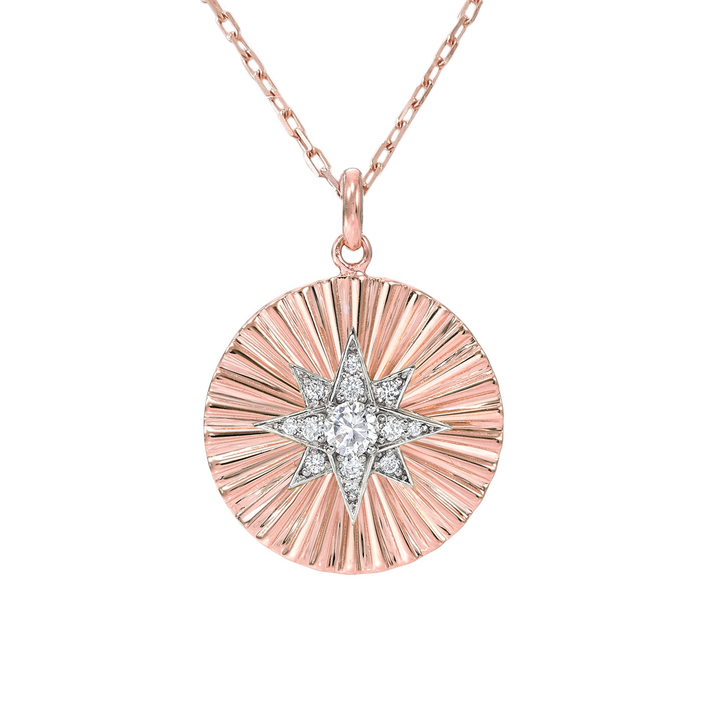 14K Gold Large Size Diamond Starburst Fluted Medallion Necklace