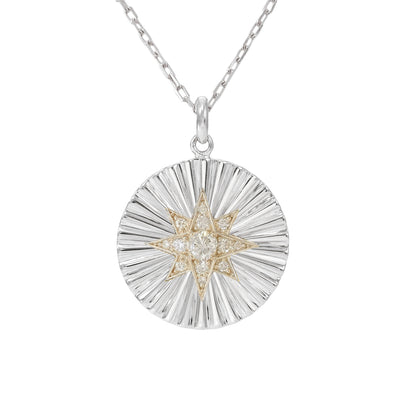 14K Gold Large Size Diamond Starburst Fluted Medallion Necklace