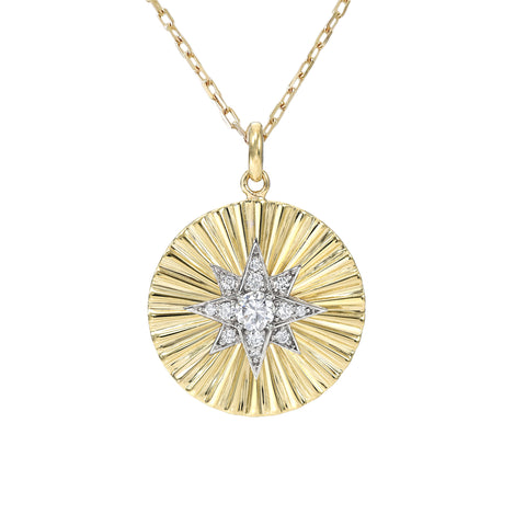 14K Gold Large Size Diamond Starburst Fluted Medallion Necklace