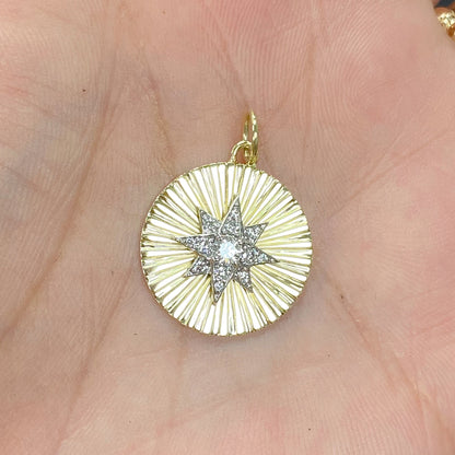 14K Gold Large Size Diamond Starburst Fluted Medallion Necklace