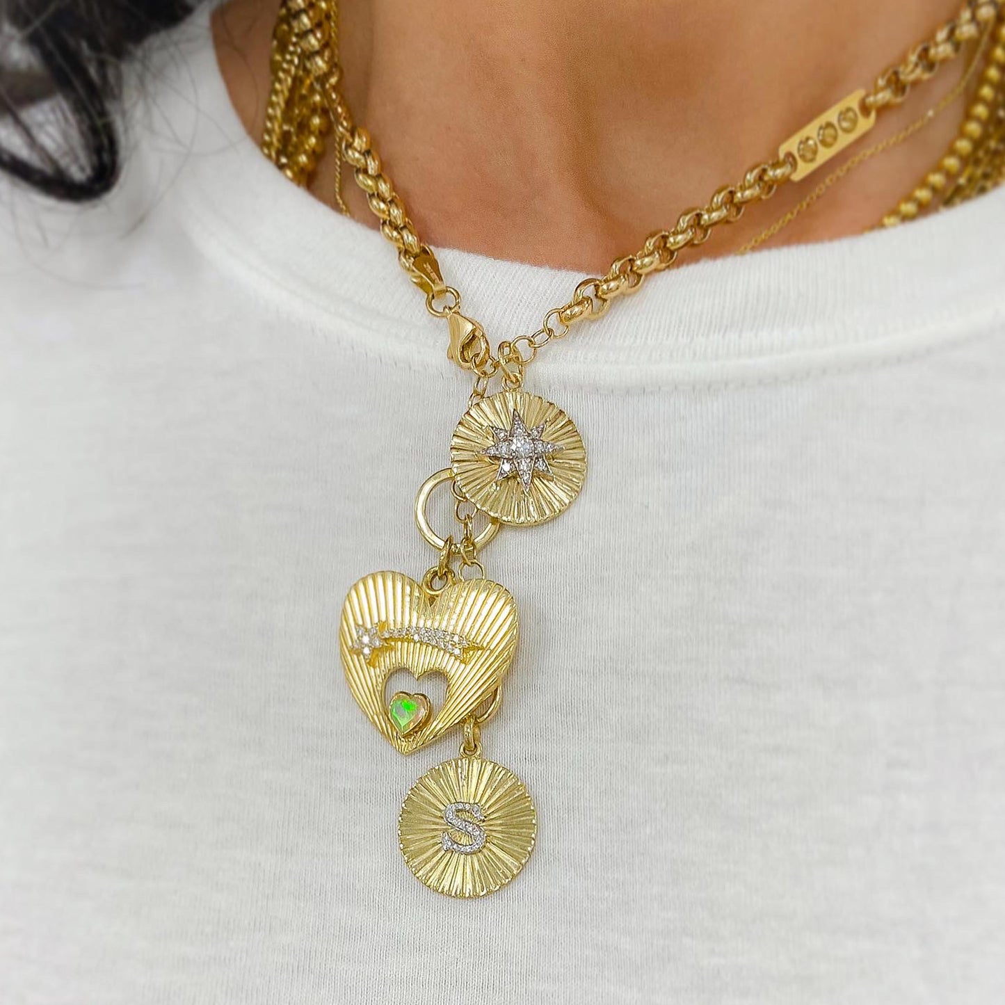 14K Gold Pavé Diamond Shooting Star Fluted Heart Medallion Necklace With Solitaire Opal