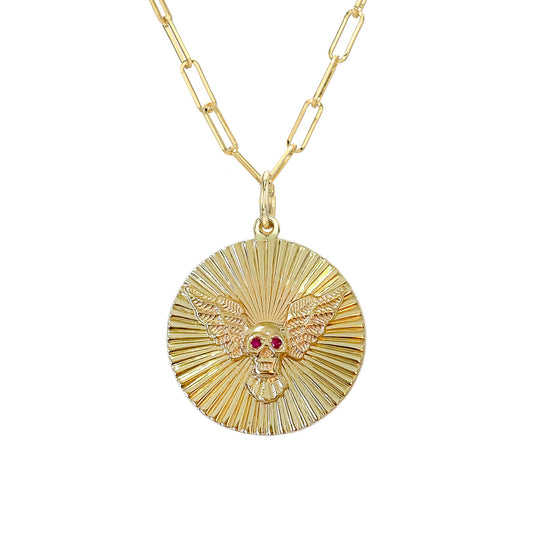 14K Gold Ruby Flying Skull Fluted Medallion Necklace