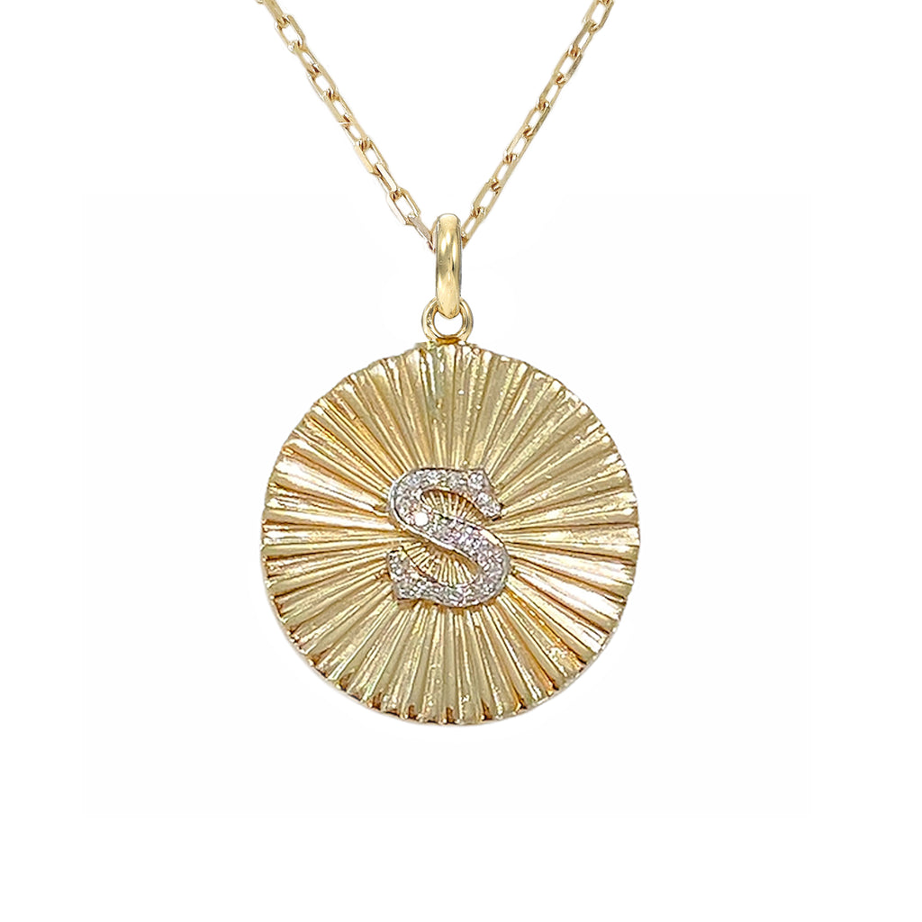 14K Gold Small Size Diamond Initial Fluted Medallion Necklace