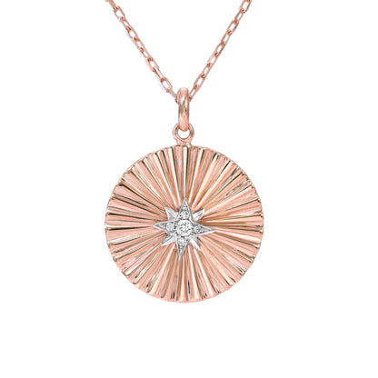 14K Gold Small Size Diamond Starburst Fluted Medallion Necklace