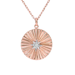14K Gold Small Size Diamond Starburst Fluted Medallion Necklace