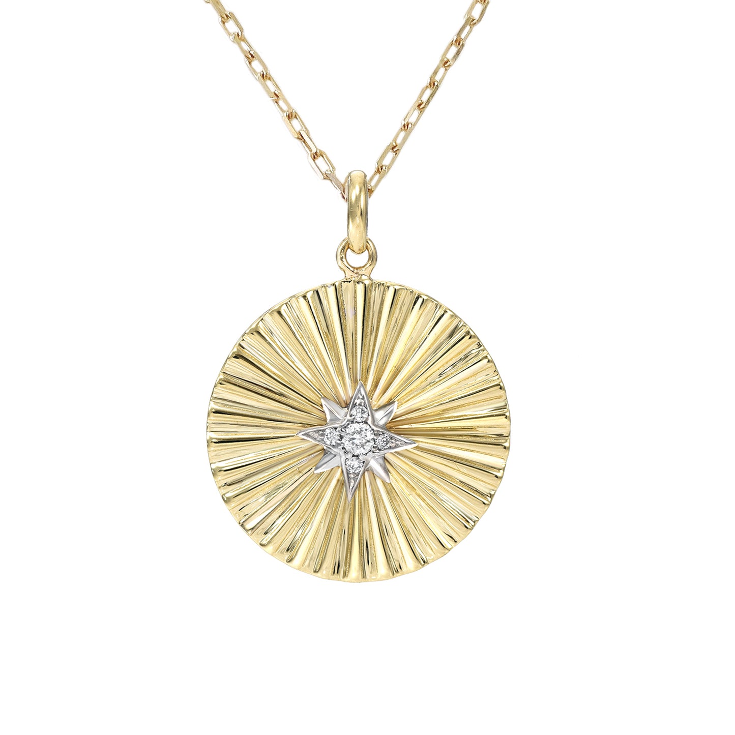 14K Gold Small Size Diamond Starburst Fluted Medallion Necklace