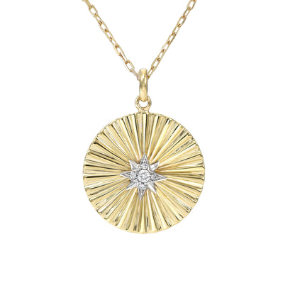 14K Gold Small Size Diamond Starburst Fluted Medallion Necklace