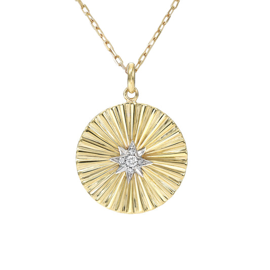 14K Gold Small Size Diamond Starburst Fluted Medallion Necklace