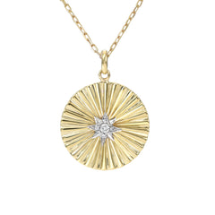 14K Gold Small Size Diamond Starburst Fluted Medallion Necklace