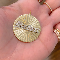 14K Gold Pavé Diamond Nameplate XXL Fluted Round Medallion Pendant Necklace ~ Old English Font