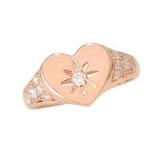 14K Gold Star Set Diamond Pavé Heart Signet Ring, LIMITED EDITION ~ In Stock!