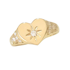 14K Gold Star Set Diamond Pavé Heart Signet Ring ~ LIMITED EDITION