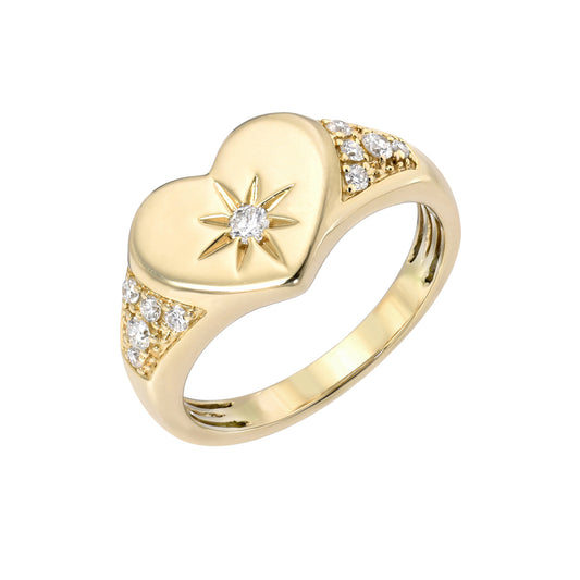 14K Gold Star Set Diamond Pavé Heart Signet Ring ~ LIMITED EDITION