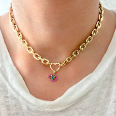 14K Gold Emerald Heart & Pink Sapphire Evil Eye Necklace ~ In Stock!