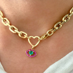 14K Gold Emerald Heart & Pink Sapphire Evil Eye Necklace