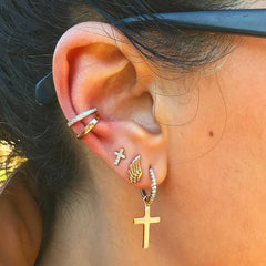 14K Gold Cross Charm Dangle Huggie Hoop Earrings